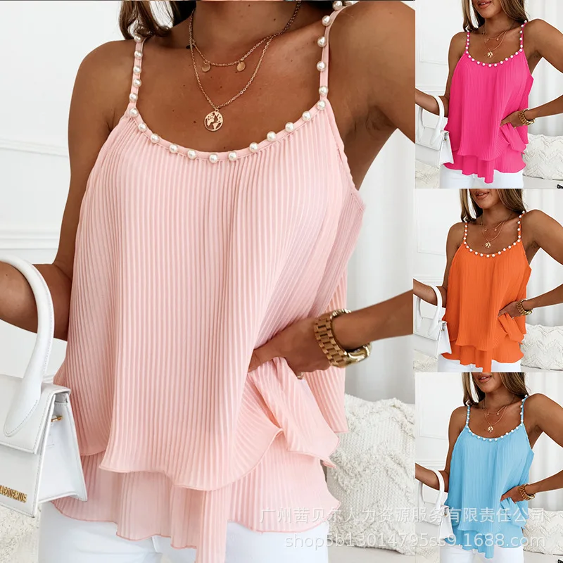 

Tops Sling Tanks Women Sleeveless Top Round Neck Camis Ruffles Y2k Streetwear Elegant Splice Casual Regular Work Summer 2025