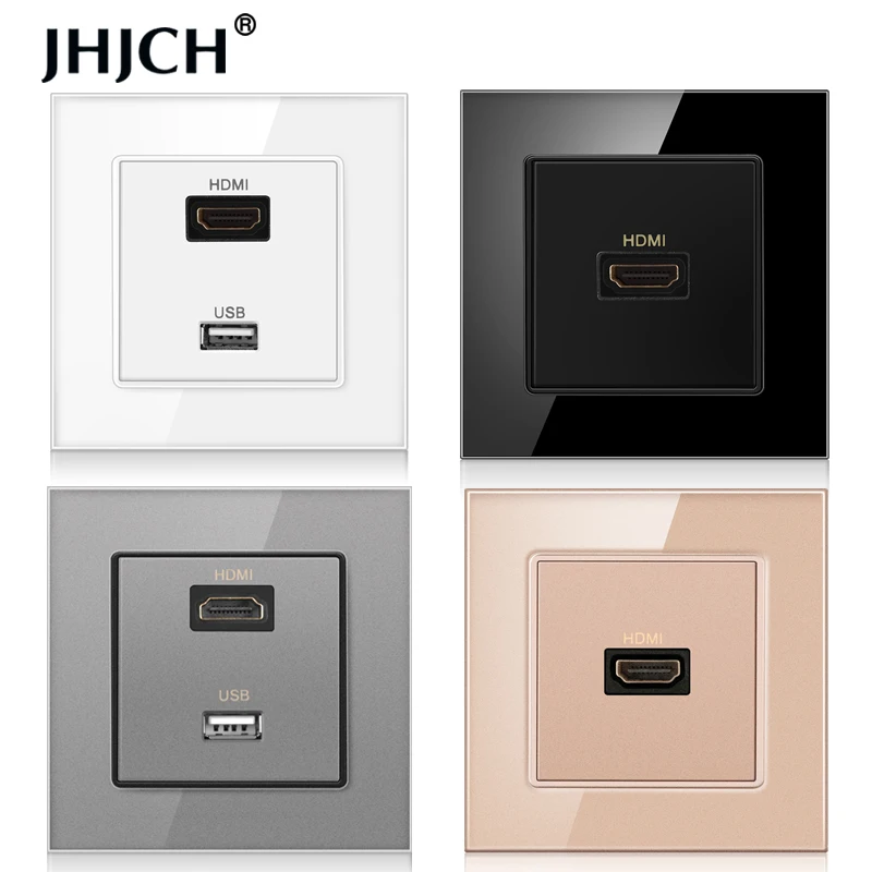 JHJCH hdmi compatible crystal tempered glass panel with 2.0 USB port 2.0 jack wall socket