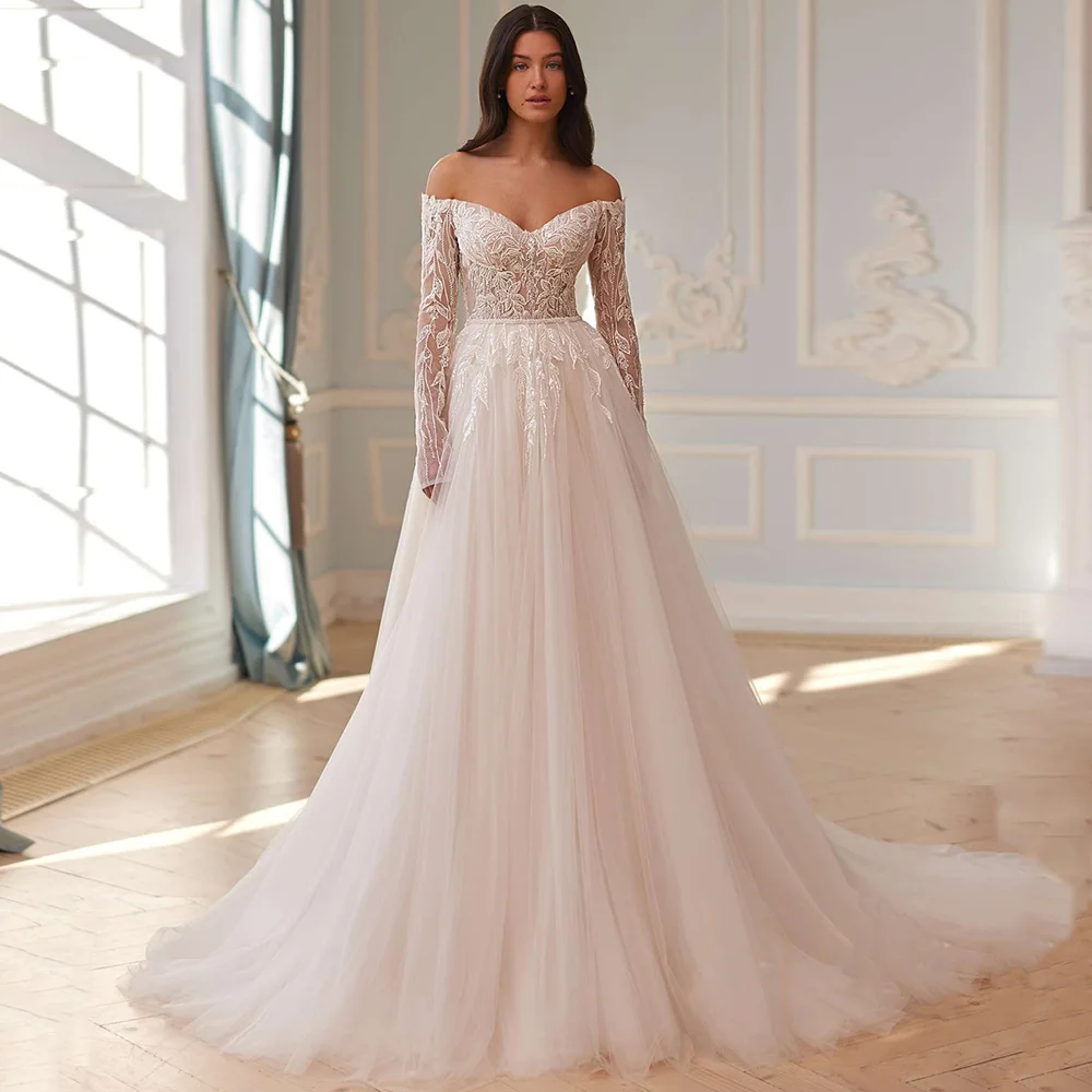 سيدة فستان زفاف جديد مخصص الخامس الرقبة طويلة الأكمام الدانتيل زين الديكور حزام تول سويب تراين رداء دي ماري زي العرائس #4