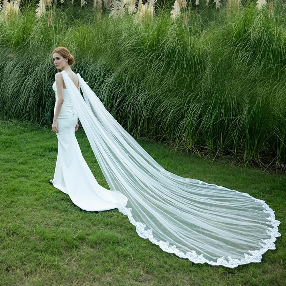 

long train 3D flower bridal shawl 300cm lace applique cape handmade train faux pearl flower cape wedding accessories VPG19