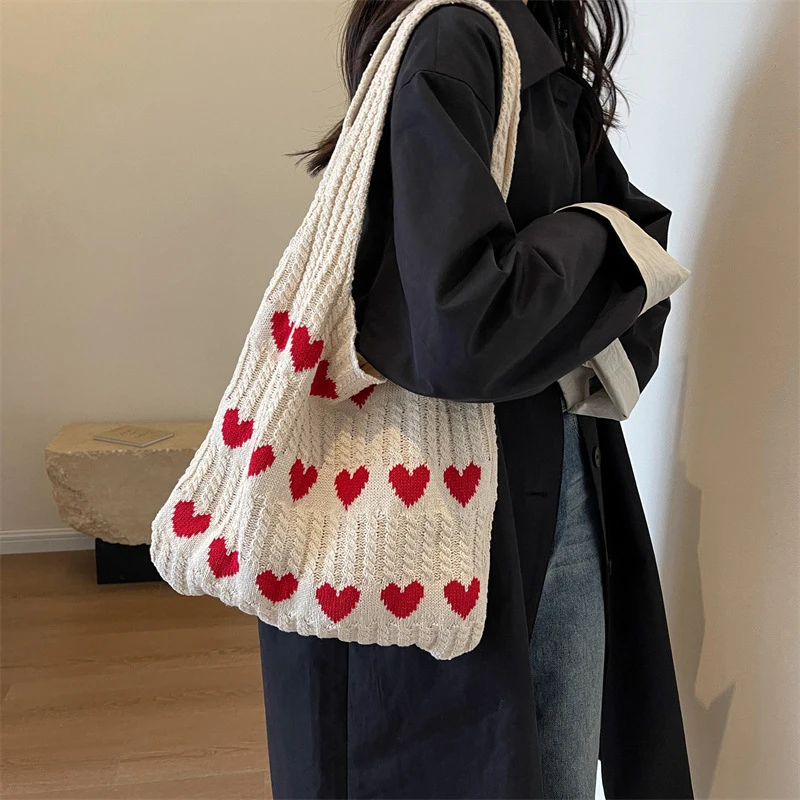 Large Capacity Knitted Handbags Casual Hollow Woven Shoulder Bag Handle Totes Women's Party Holiday Knit Shoulder Bag