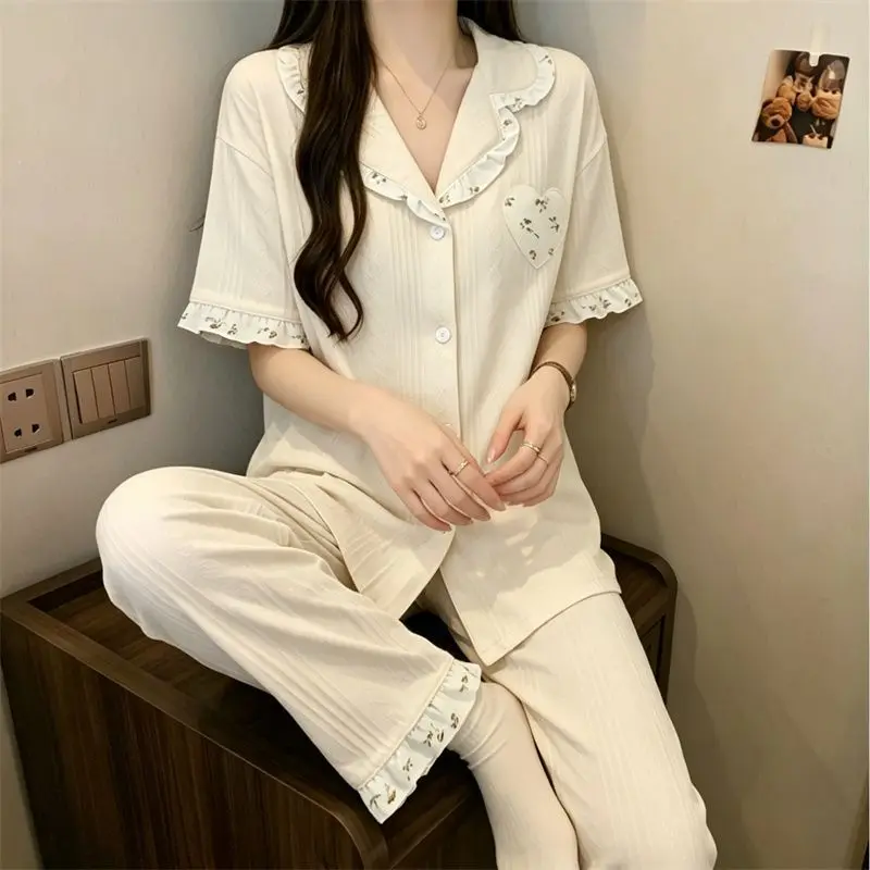 Women's Pajama Set Short Sleeve Long Pants 2 Piece Sleepwear Button Down Peter Pan Collar Ditsy Floral Loungewear Kawaii Pyjamas