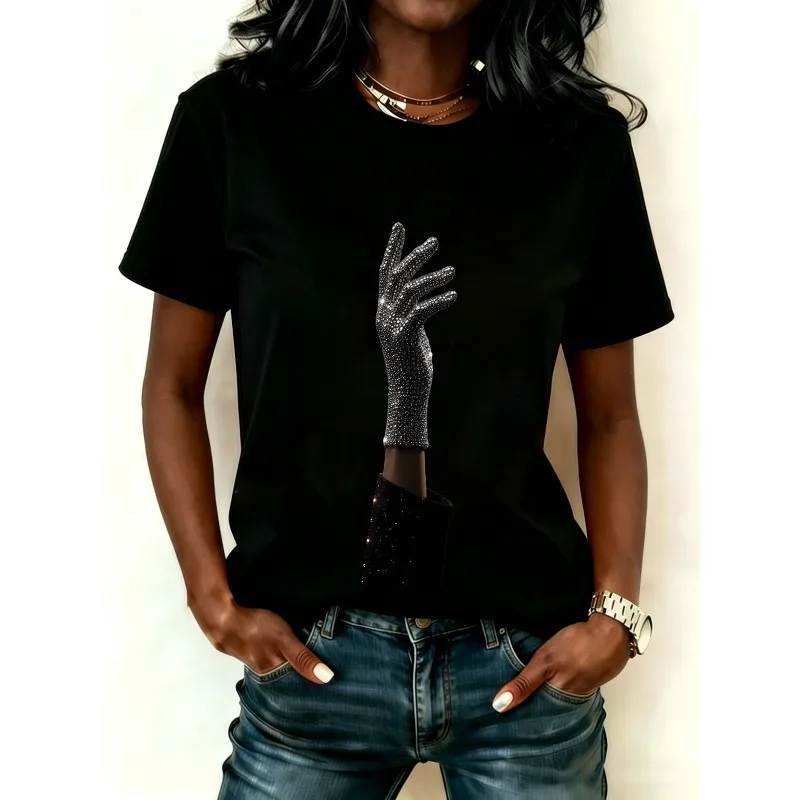 ilstile Women's King of Music Print T-Shirts Summer Short Sleeve Casual Loose Round Neck Tops Black Tees New Arrival