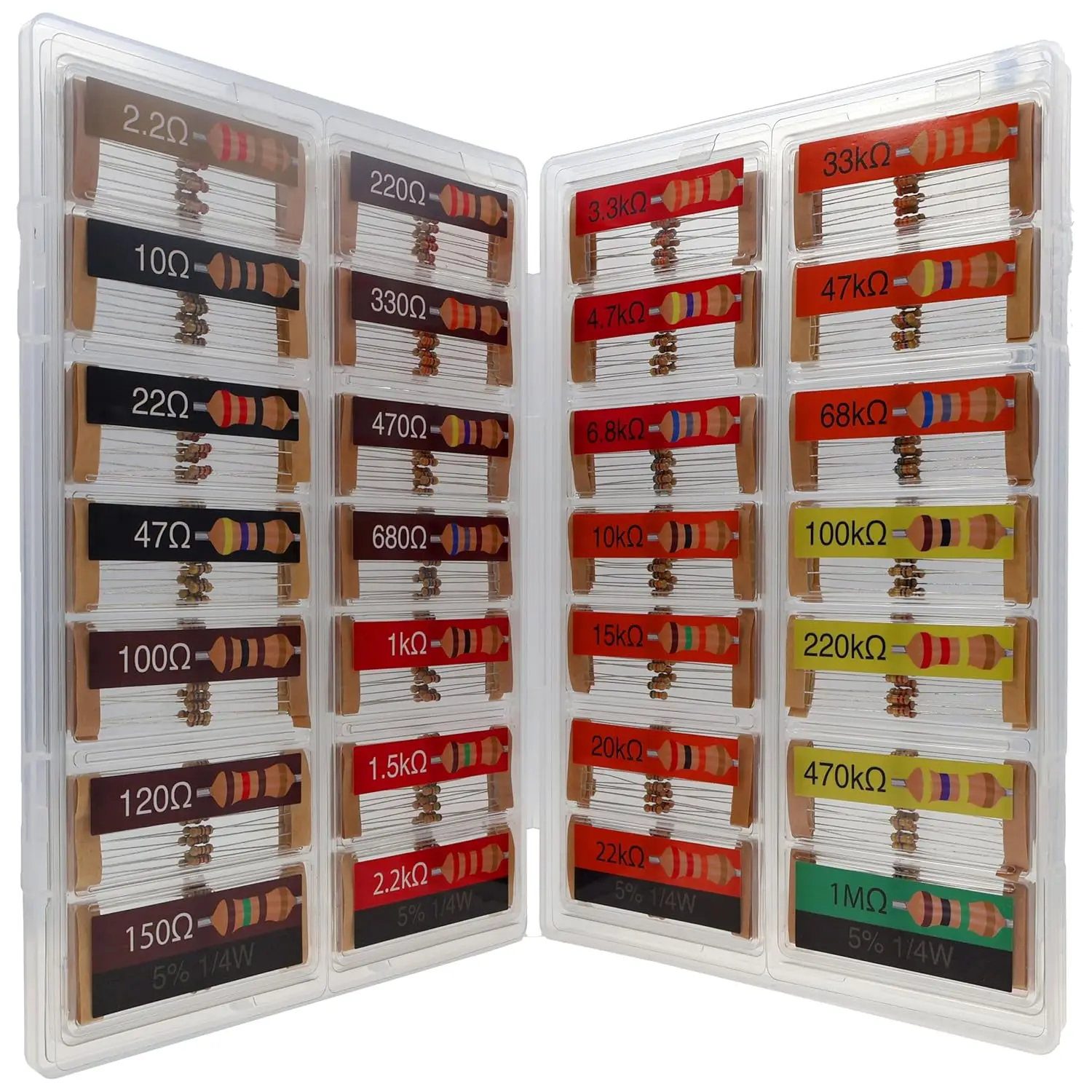 

560pcs 1/4W 28 Values Carbon Resistor Assortment Kit, 2.2 Ohm-1M Ohm, 5% Tolerance for LED Lights