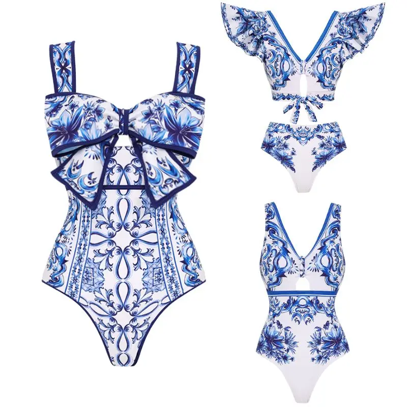 Bow Decor Majolica Print Jednoczęściowy strój kąpielowy Seksowny strój kąpielowy bikini Stroje kąpielowe push up