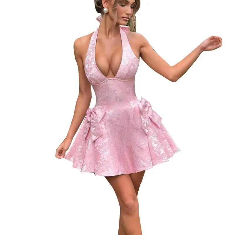 섹시한 슬림 V넥 자수 드레스, 매듭 장식 하이웨이스트 A라인 스커트, 순수한 매력의 슬림핏 원피스