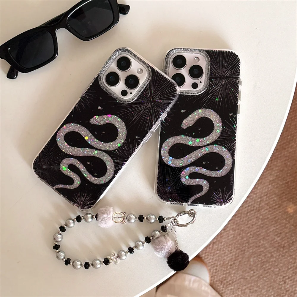 Glitter silver Snake Phone Case For iPhone 13 12 11 16 15 14 Pro Max Plus XR X XS MAX Shockproof Silicone Cover with Bracelet