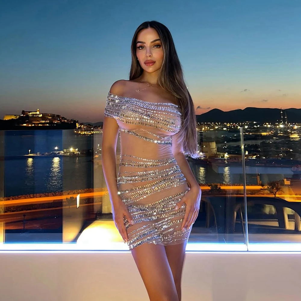 Glanzende kanten mini-cocktailjurken met pailletten voor dames Fonkelende zilveren kristallen Formele feestjurk Elegante avondjurken met mesh kralen