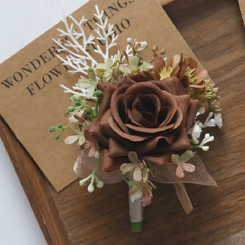 2436Wedding flower bouquet artificial flower business celebration opening guest corsage boutonniere handed flower Brown