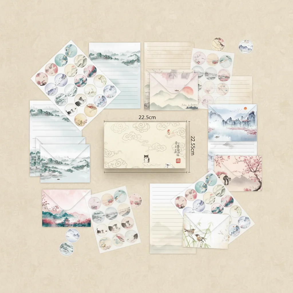 

Chinese Style Stationery Set Ink Painting Design Includes 50 Sheets Letter Paper 50 Envelopes 3 Sticker Sheets for