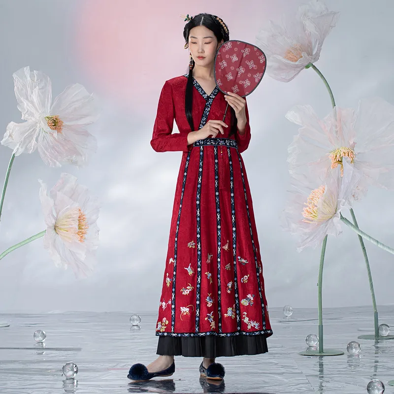 A Life On The Left Women Improved Hanfu Long Sleeves Cross Breasted V-neck Vintage Embroidery Dress Traditional Red Mamian Qun