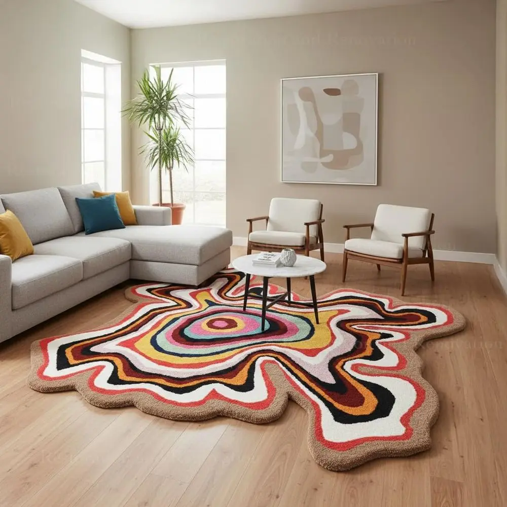 Handmade Irregular Shape Wool Area Rug | ern Colourul Abstract Wave Design with Throw Illusion Carpet or Living Room Bedroom Din