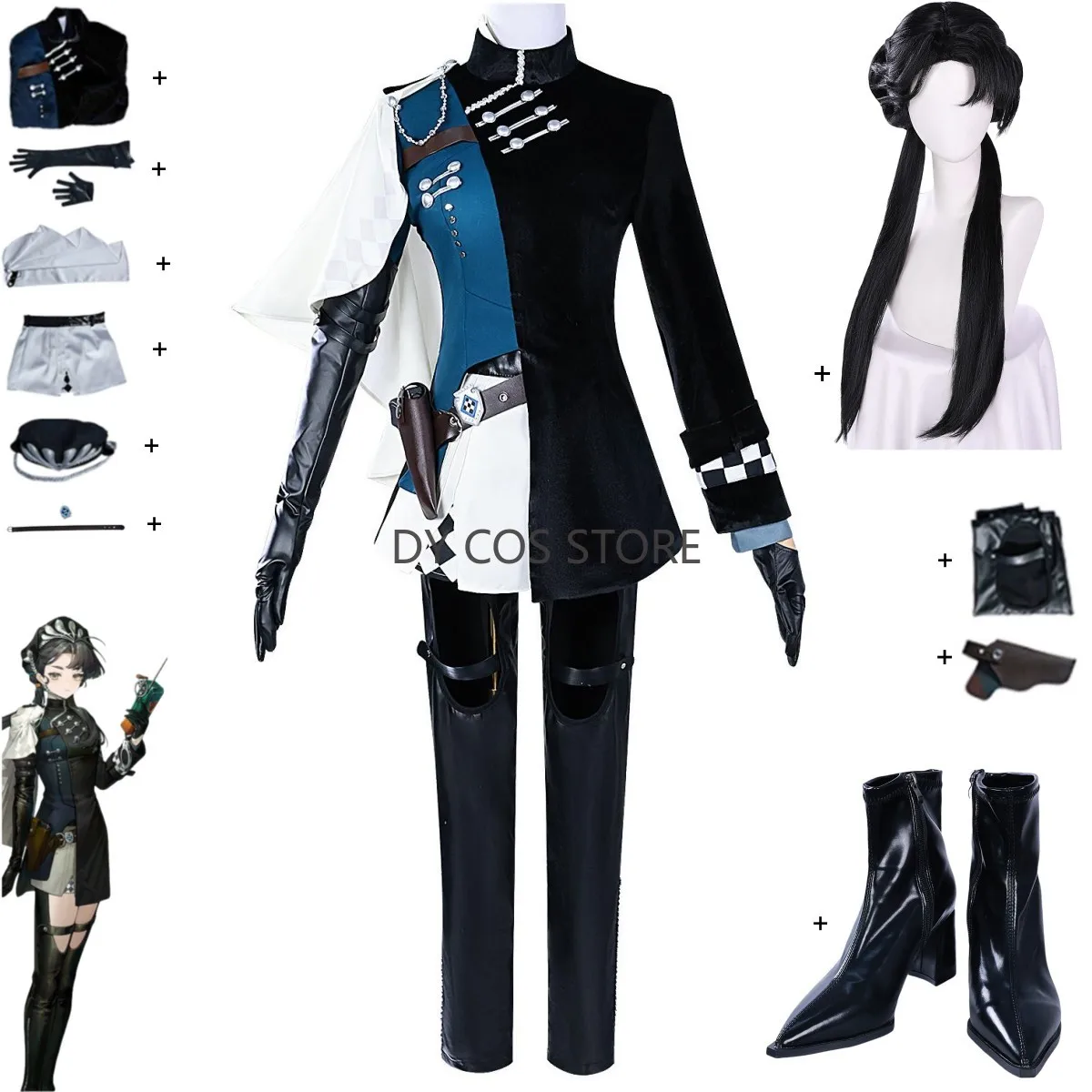 

Реверс игры: 1999 Liang Yue, карнавальный костюм, черная двойная юбка, униформа, парик, кожаная обувь, женский сексуальный карнавальный костюм на Хэллоуин