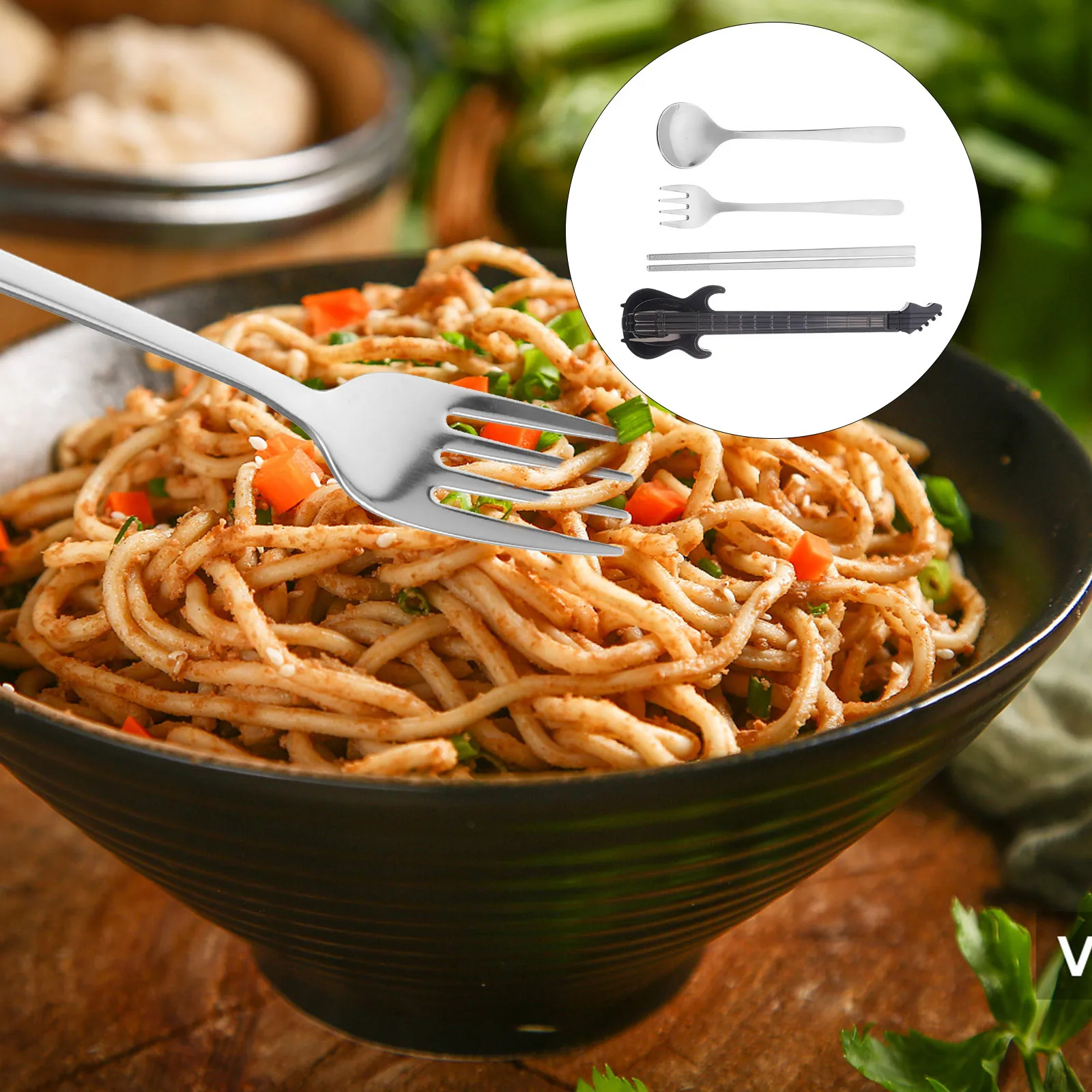 

1Set Stainless Steel Guitar Shape Travel Cutlery Set Fork Spoon Chopsticks Portable Reusable Silverware Lunch Box Tableware