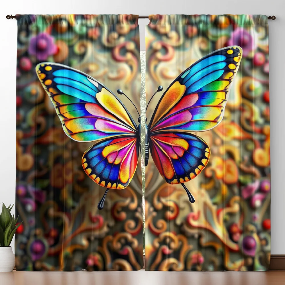 Giant Colorful 3D Butterfly Curtain Panels, Retro Carving Swirl Embossed Texture Full Print Drapes For Apartment Art Cafe Decor