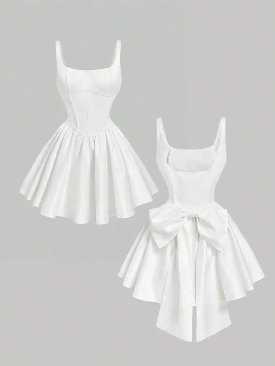 

White Bow-Decorated Mini Dress with Corset Bodice and Flared Skirt