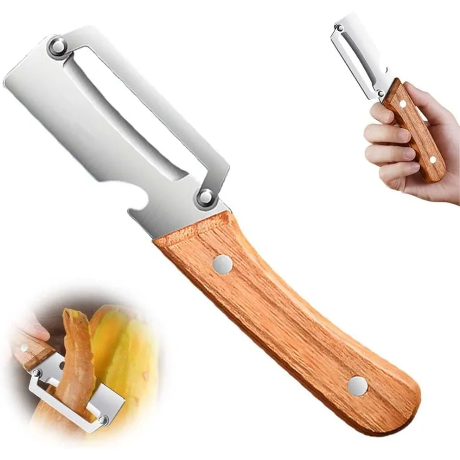 Vegetable Peeler, Stainless Steel Potato and Fruit Peeler with Wooden Handle and Bottle Opener, Multifunction Kitchen Tool for