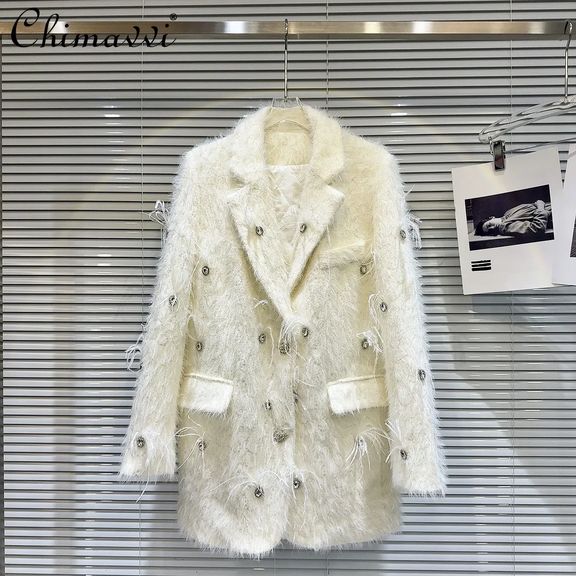 Winter New Heavy Rhinestone Beaded Mink Velvet Padded Jacket Light Luxury High-end Long-sleeved Loose Elegant Warm Blazer Coat