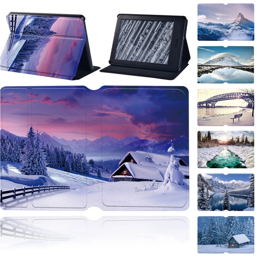

For Kindle Paperwhite 11th 2021 Case Leather Cover Stand Hard Case for Kindle Paperwhite 1 2 3 4/Kindle 10th/8th Snowview Print