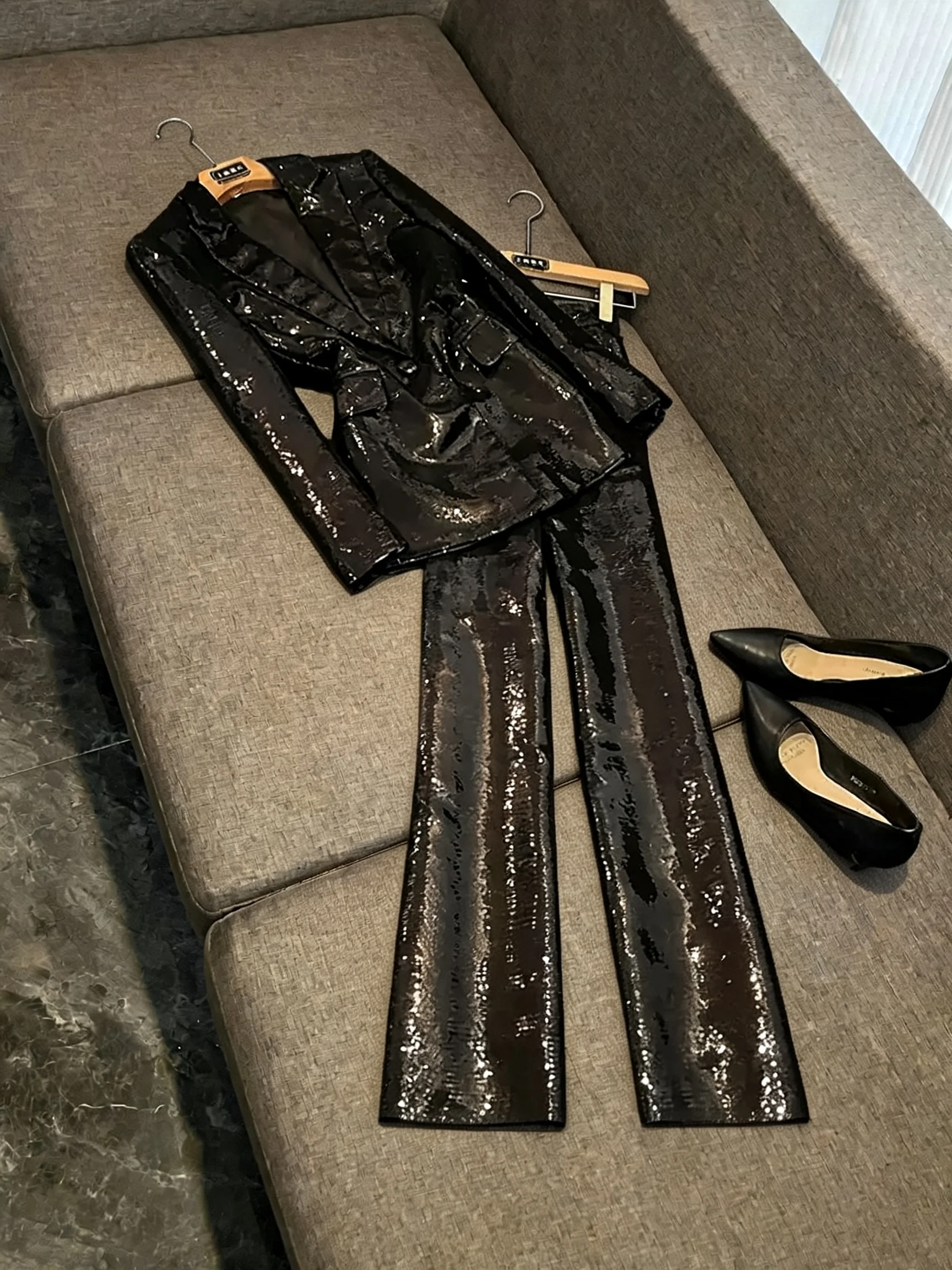 Fashionable Sequin Suit Set Women's Slimming Commute Workwear Two-Piece Set D850 Comfortable Breathable Long Sleeve Button up