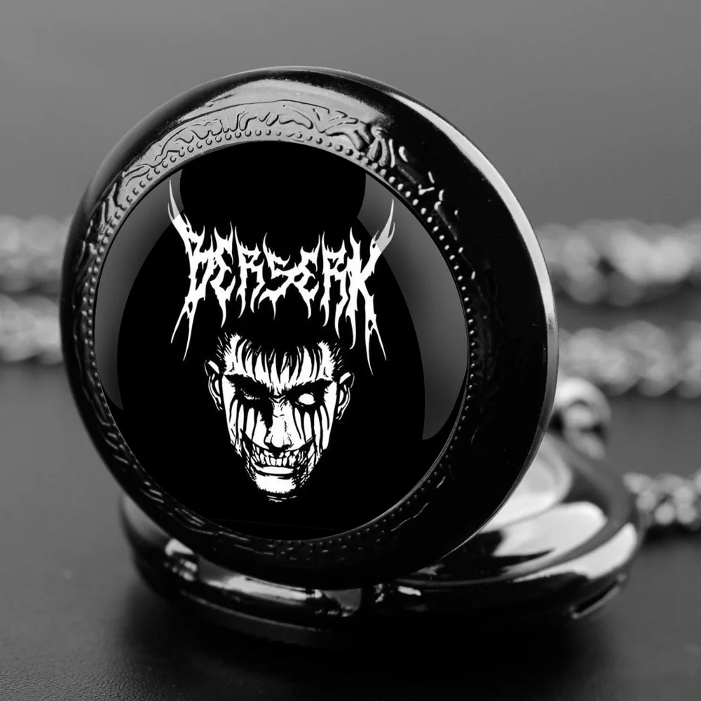 Anime Berserk Glass Dome Vintage Arabic Numerals Quartz Pocket Watch Necklace Pendant Clock Chain Men Women Anime Fans