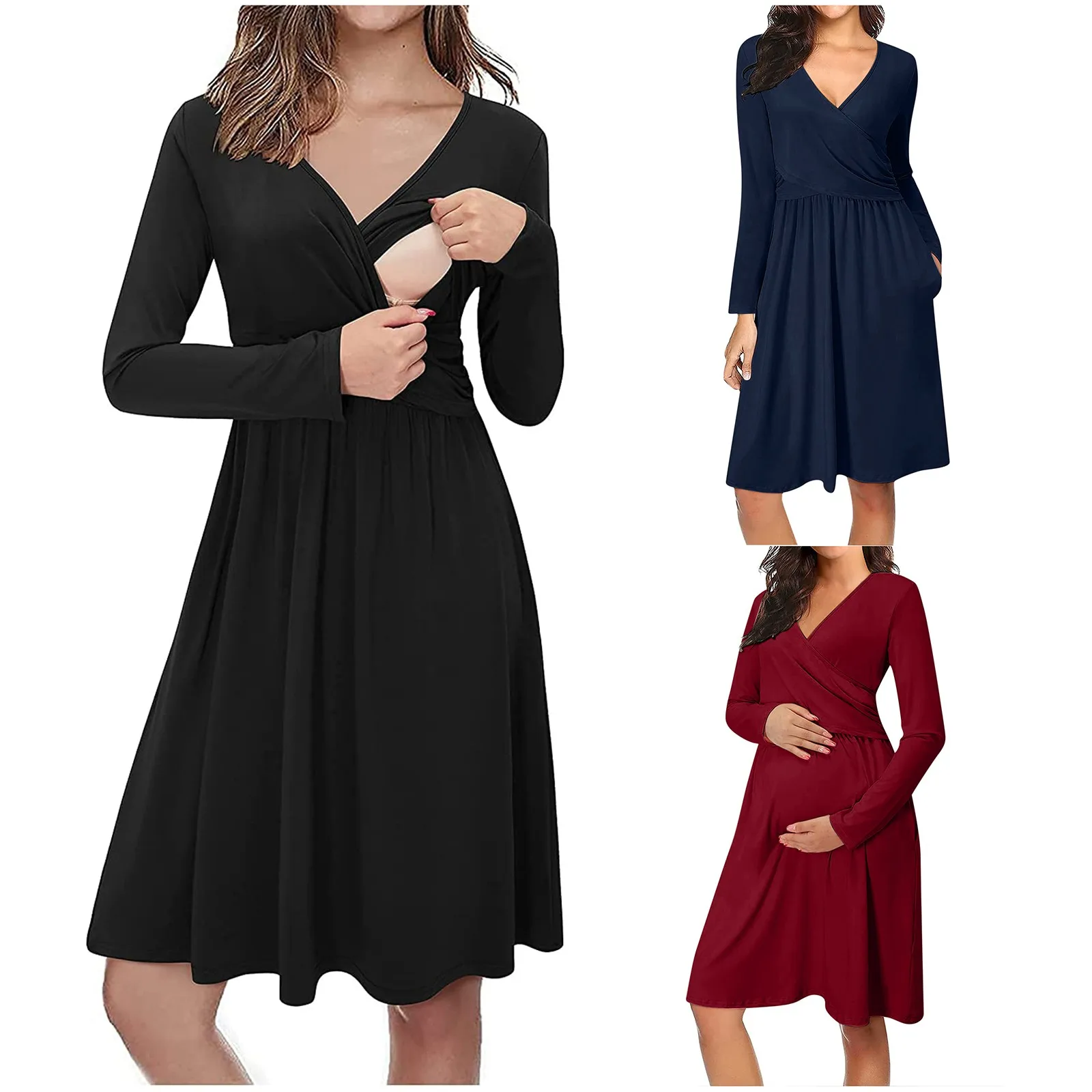 

Pregnant Breastfeeding Dress With Pocket Casual Solid Color V-Neck Long Sleeve For Breastfeeding Dress Pregnancy Dress Vestidos