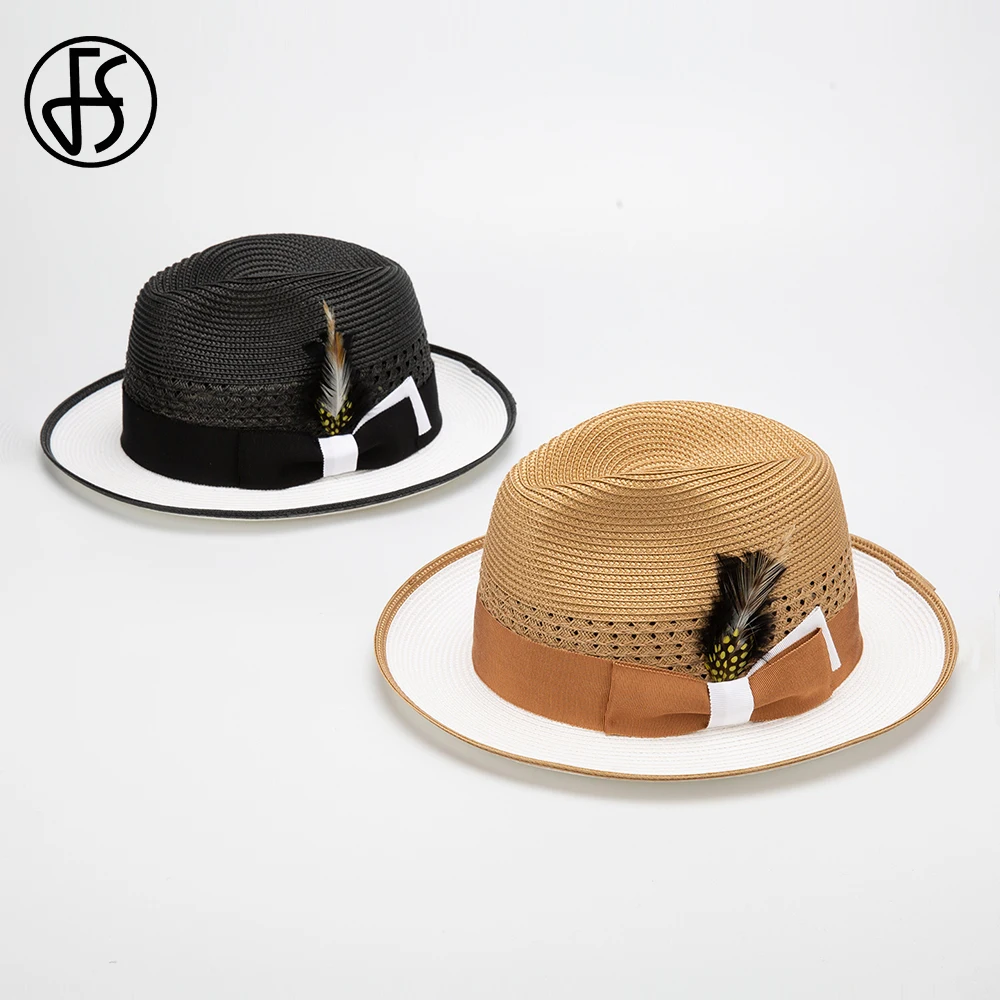 FS 2024 Khaki Cowboy Straw Hats For Men With Feather Rolled Brim Sombrero Jazz Panama Hat Gentleman Gangster Black Cap