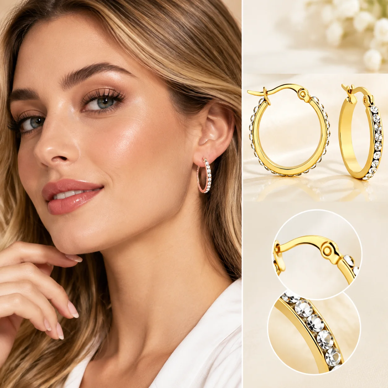 1Pair 20-50mm Large Circle Rhinestone Hoop Earrings Stainless Steel Minimalist Rhinestone Statement Earrings for Daily Wear