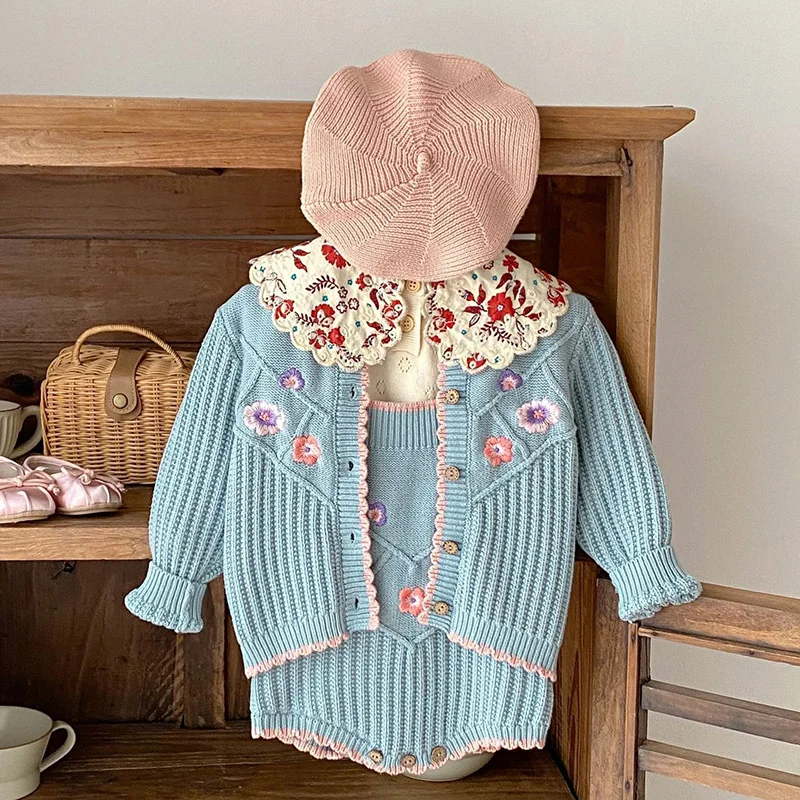 2024 New Autumn Newborn Baby Girls Clothing Suit Long Sleeved Cardigan Coat+Jumpsuit Infant Baby Girl Knitting Clothes Set