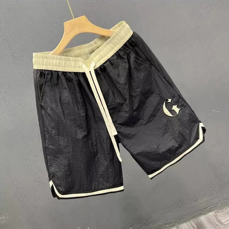 2024 Summer Men Trendy Contrast Color Quick Drying Sports Short Pants Male Casual Loose Letter Embroidery Straight Beach Shorts