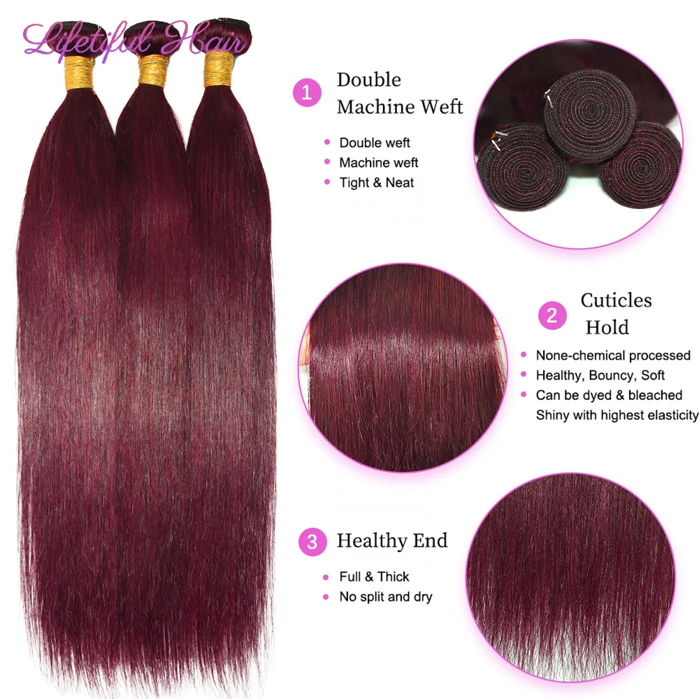 99J Straight Human Hair Bundles Burgundy Red Brazilian Human Hair Extension 1/3/4 Straight Hair Weave Bundles For Black Woman