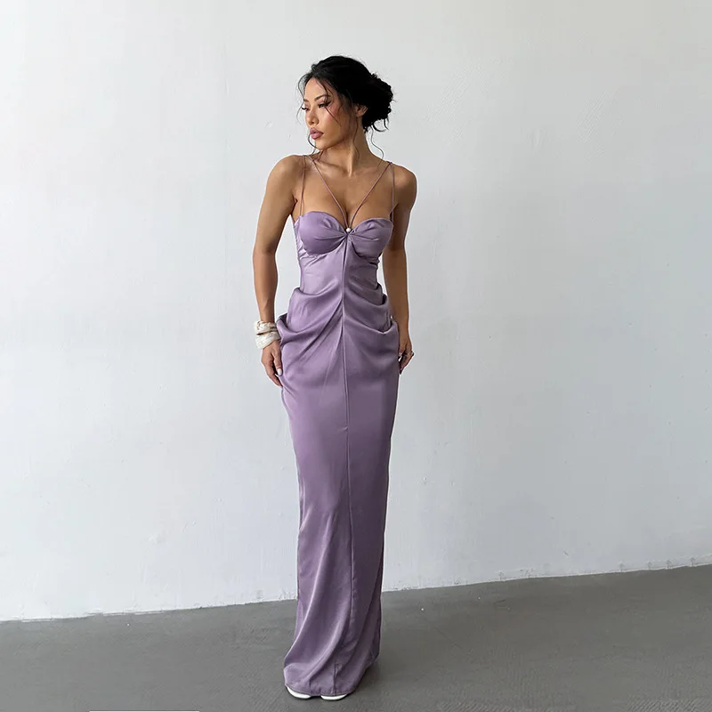 ชุดเดรสผ้าซาตินแบบผูกคอเปิดหลัง สไตล์เซ็กซี่เย้ายวนสำหรับผู้หญิง ฤดูร้อน สไตล์บริสุทธิ์และเร้าใจ สีม่วง ชุดเดรสยาวสำหรับงานเลี้ยงอาหารค่ำ