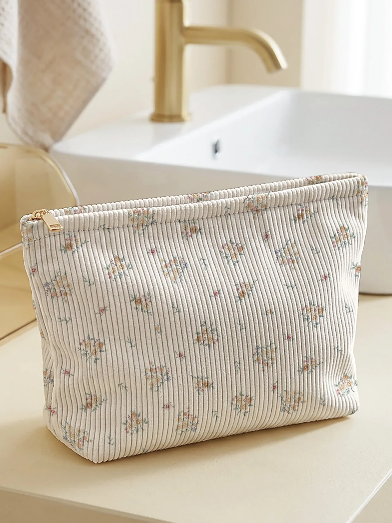 Tiny mixed ditsy floral printed corduroy makeup bag, lightweight zipper pouch, multifunctional lined cosmetic bag
