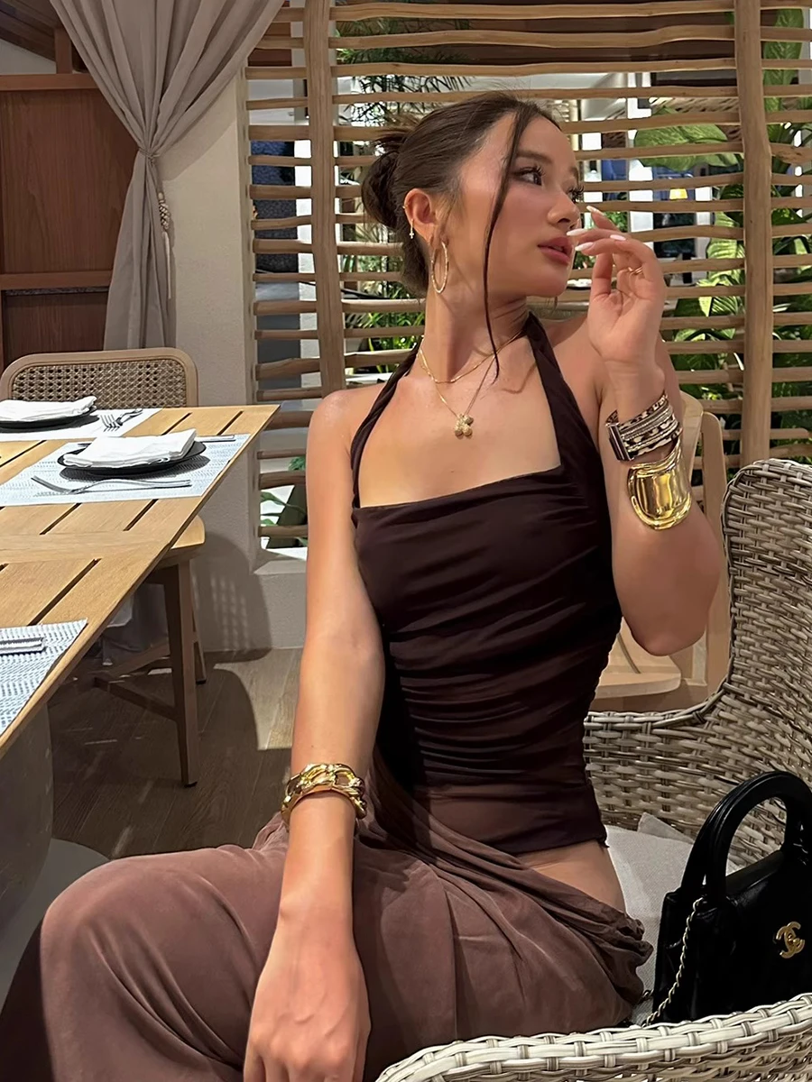 ReddaChic Sukienka Imprezowa z Siateczki, Marszczona, Letnia, Prześwitująca, typu Halter, Maxi, Długa, z Wycięciami, Obcisła, Damska, Jednoczęściowa, Seksowna, na Imprezę do Klubu Nocnego