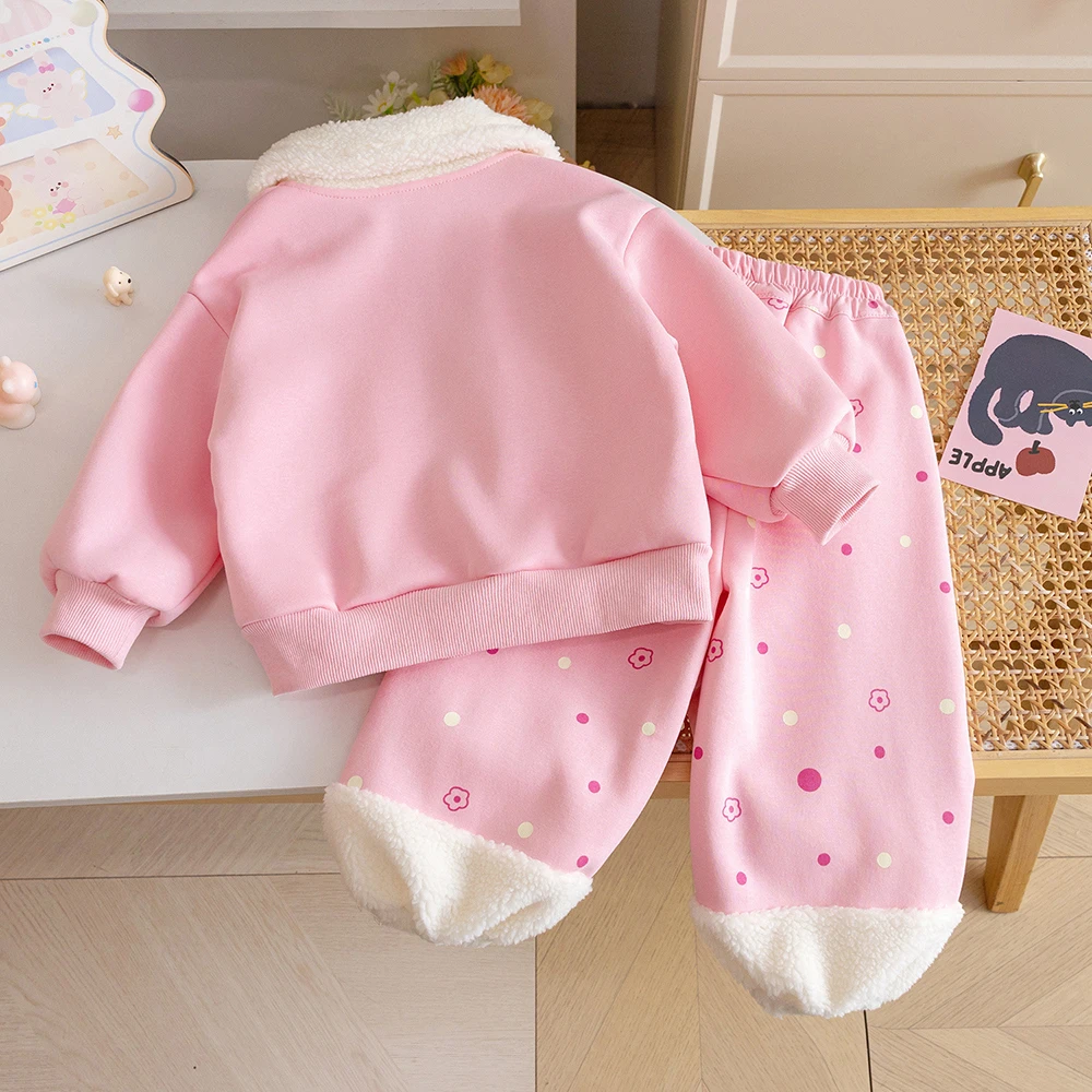 Girls Cute Fleece-Lined Zipper Coats+Pants 2Pcs Autumn Winter Cute Bunny Design Kids Jacket Vellvet Pants Children Clothes Sets