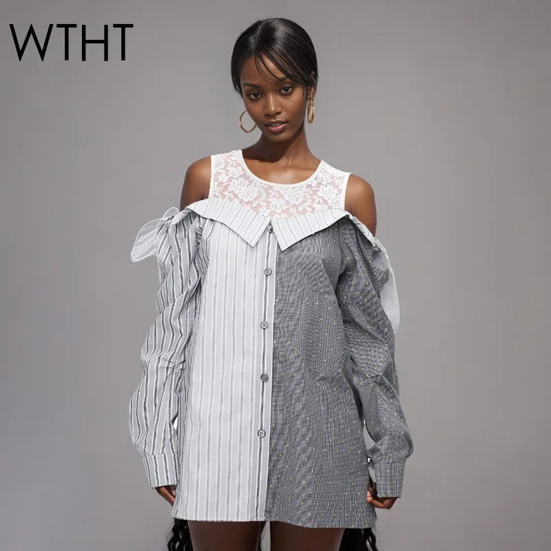 

WTHT Fashion Women's Spliced Lace Fake Two-piece Striped Shirt 2025 Summer Trendy New Off-shoulder Long Sleeves Female 1LS2047