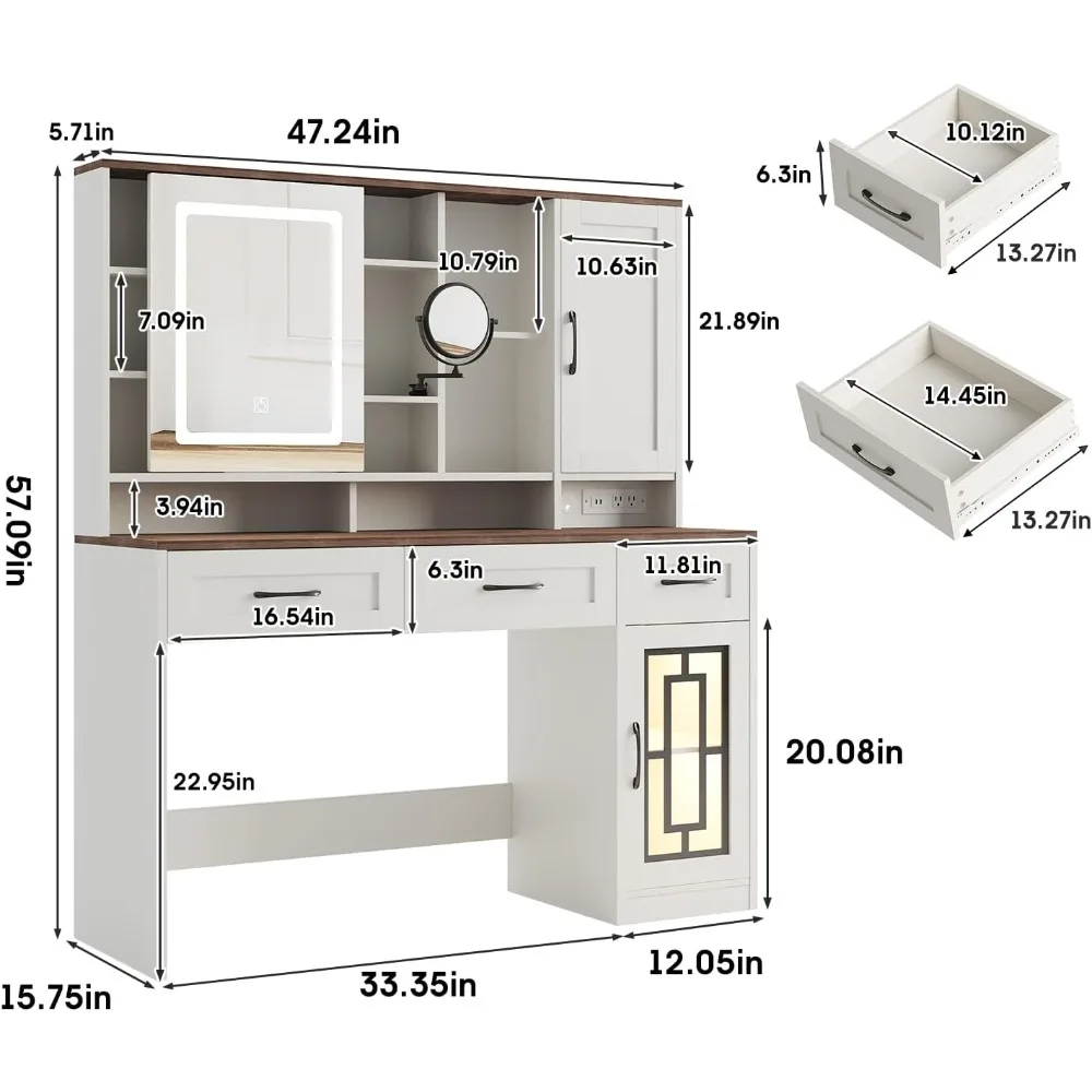 مكتب زينة مع مرآة وأضواء، طاولة مكياج مع أدراج وخزانة مجوهرات، زينة كبيرة مع مساحة تخزين، تزيين غرفة النوم #5