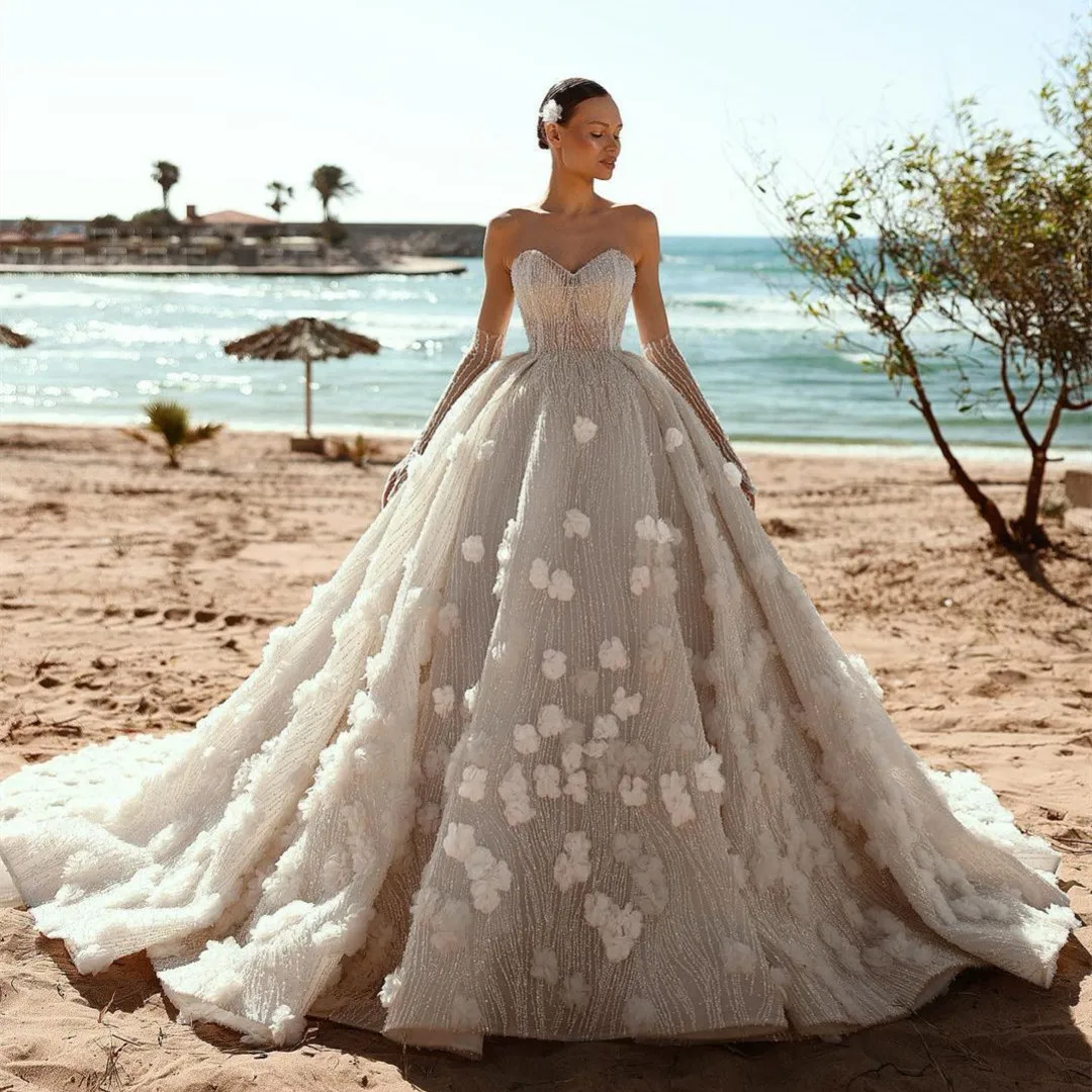 Elegant Ball Gown Wedding Dresses Sleeveless V Neck Sequins Gloves Lace Flowers Appliques Ruffles Bridal Gowns Vestina De Novia