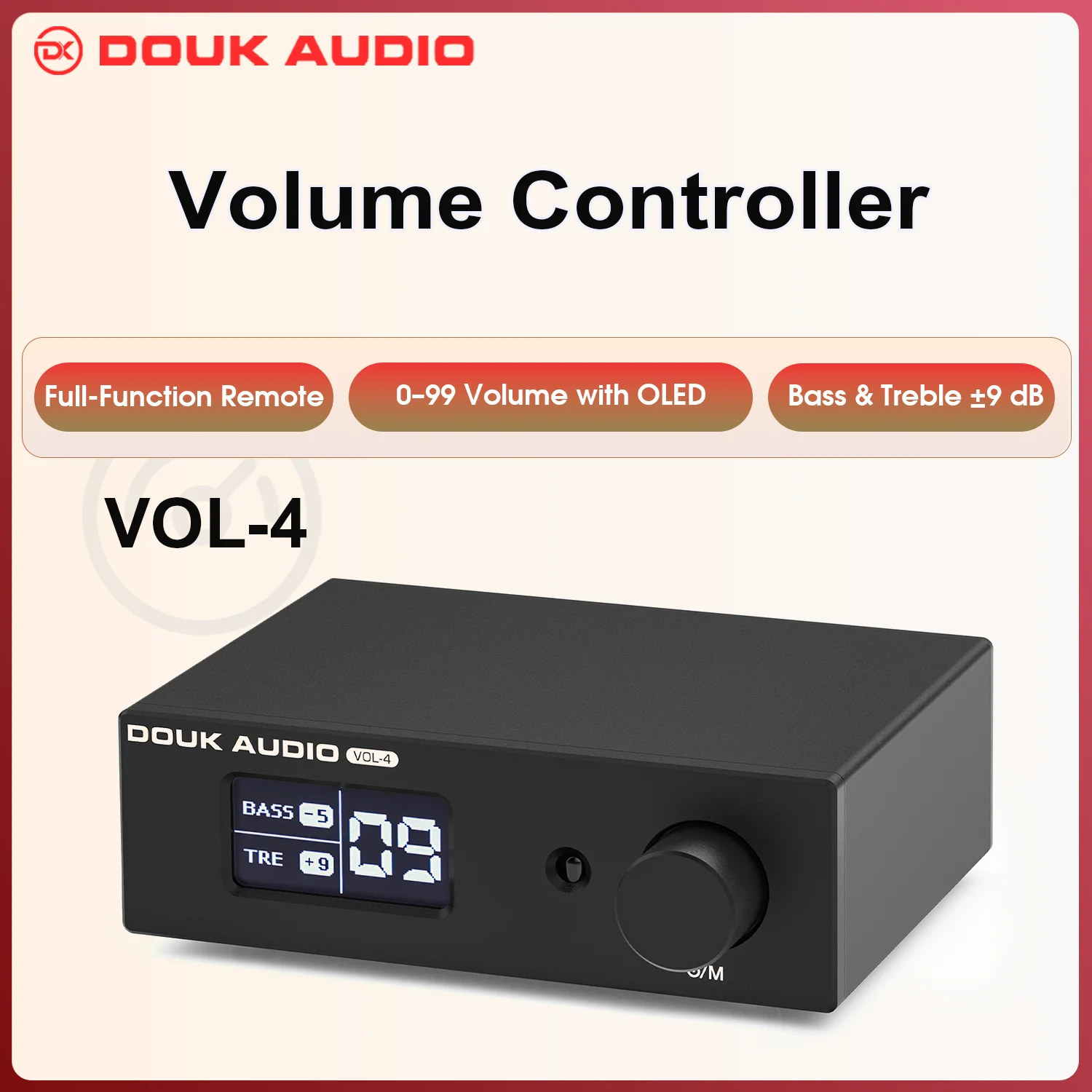 Douk Audio VOL-4 Remote‑Operated Stereo Volume Controller: Adjust volume from 0‑99 with OLED display,bass & treble tone tuning