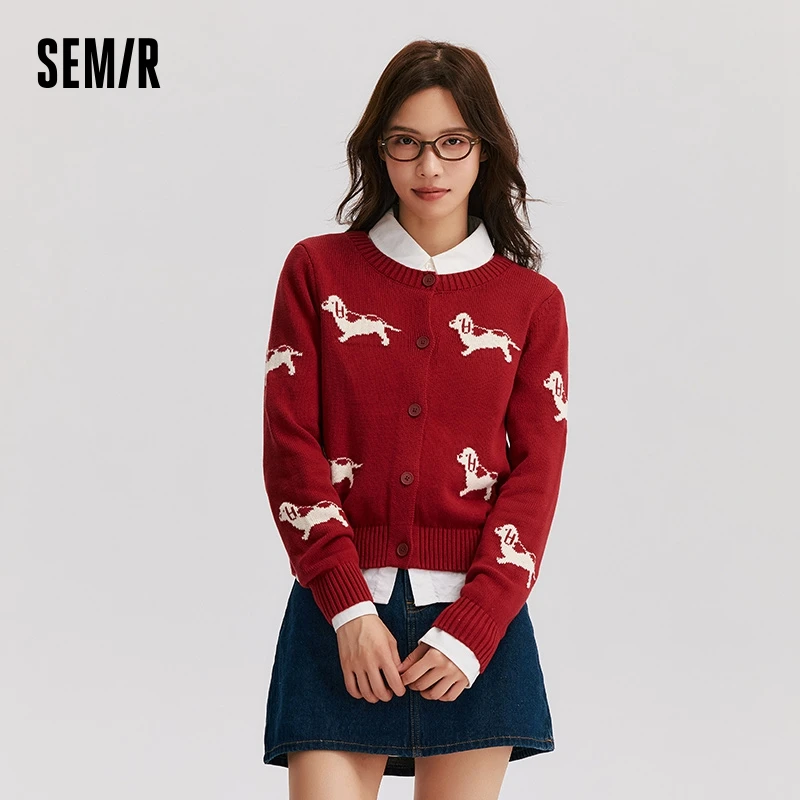 Semir Knitted Cardigan Women Short Round Neck Square Shoulder Slimming 2024 New Winter