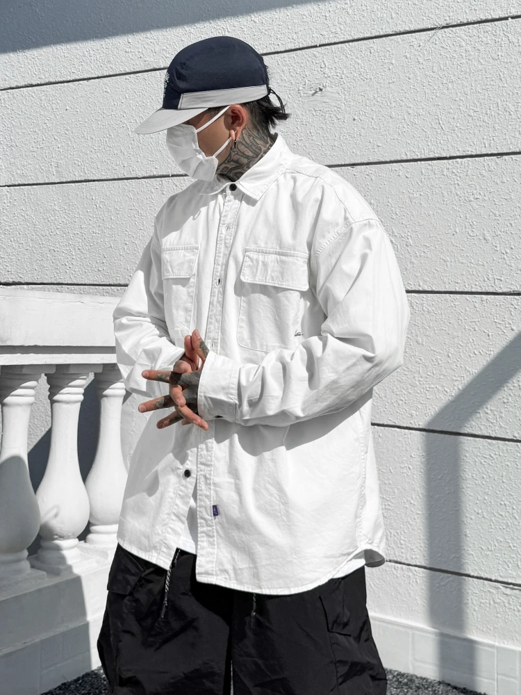 

Casual Loose Long Sleeve Men's White Shirt Vintage American Streetwear Hip Hop High Street Trend Breathable Cotton Outerwear