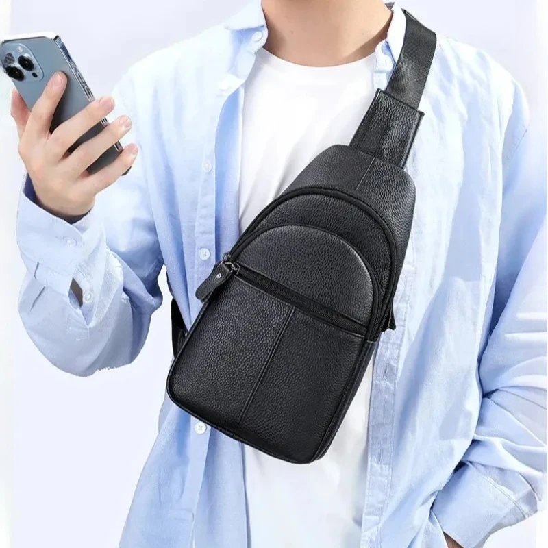 

1 PCS Diagonal Backpack Leather Men's First Layer Cowhide Satchel Men's Sports Bag Single Shoulder Chest Bag Men's Senior Sense