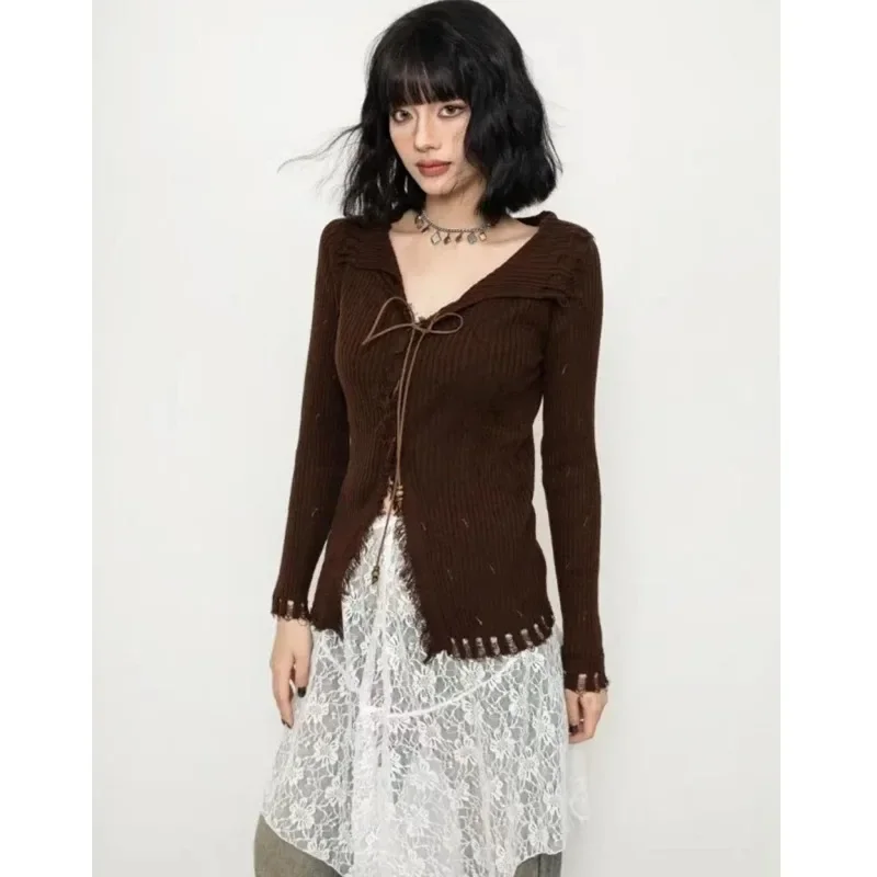 

2025 Korean Style Slim Fit Knitted Top Lace-up Autumn Solid Knitwear Clothing Elegant Women Long Sleeve Pullover Sexy Sweater