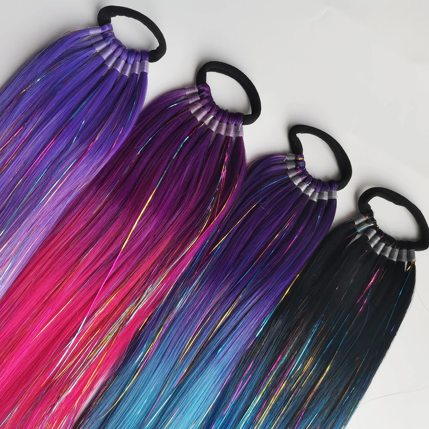 紫、赤、ピンクのティンセルポニーテールエクステンション、ゴム付き、合成編み込みヘア、子供、女の子、クレイジーヘアデー、ブレイブヘア用