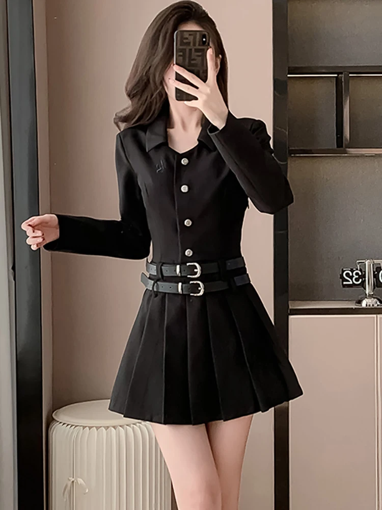 2024 Black Long Sleeve Polo Collar Shirt Dress Women Fashion Pleated A-Line Dress Spring Autumn Elegant Bodycon Bandage Dresses