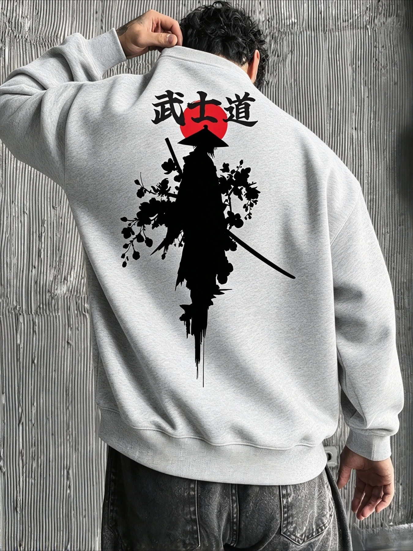 Crewneck Sweatshirt Men Women Autumn Winter Bushido Samurai Blossom Graphic Back Print Trendy Loose Daily Pullover Men Clothing