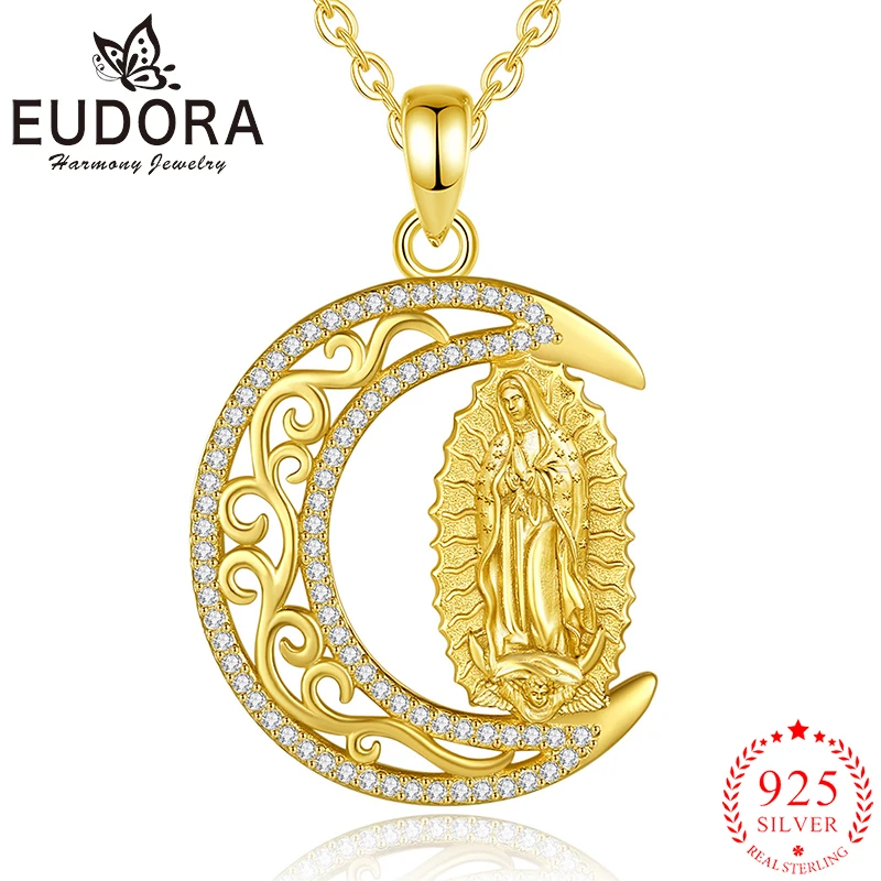 

Eudora Virgin Mary Necklace 925 Sterling Silver Plated 18K Gold Virgen de Guadalupe Pendant Christian Jewelry for Men Women