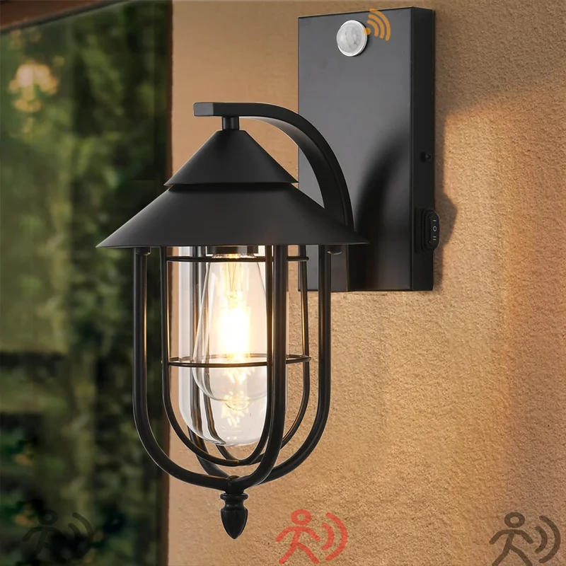 Motion Sensor Outdoor Wall Lamp Waterproof With Toggle Button Wall Light Vintage Porch Courtyard Corridor Garden Lamps No Bulb