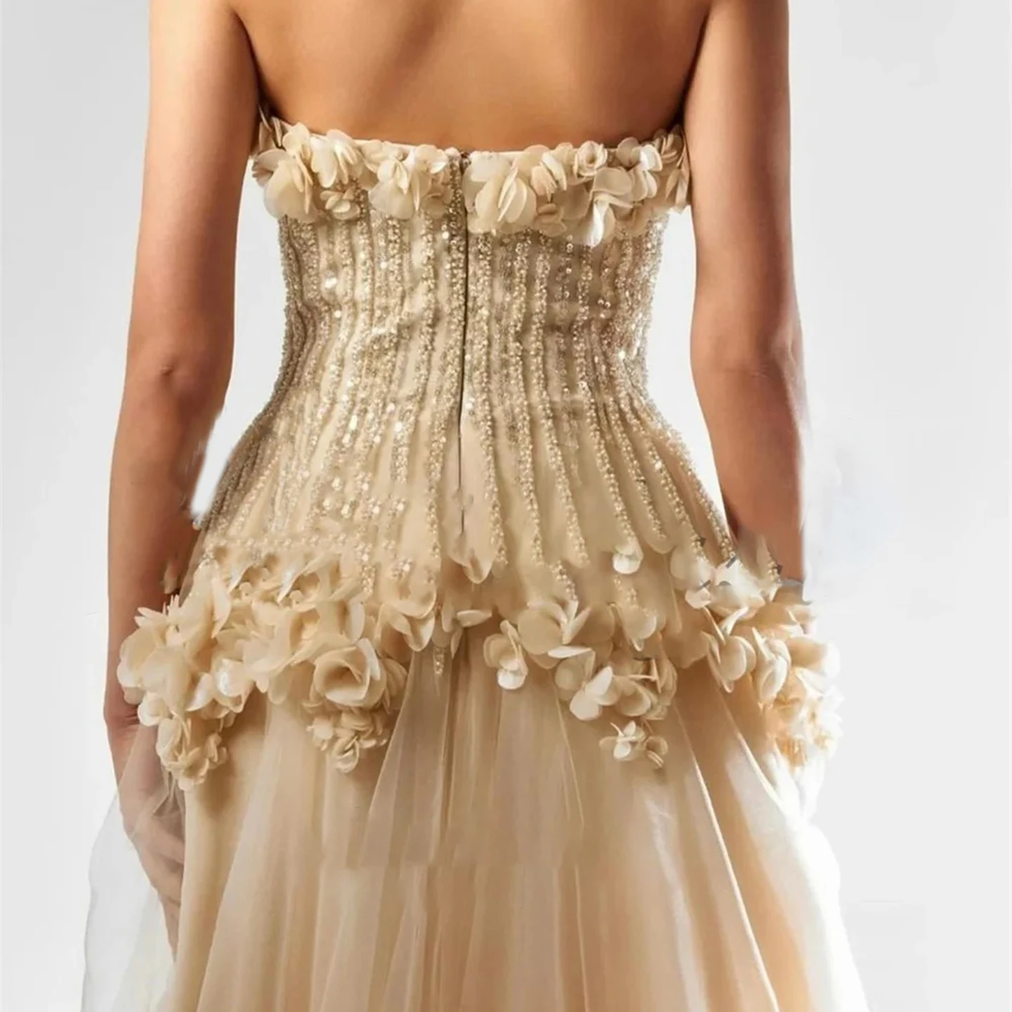Robe de soirée sans bretelles, ornée de fleurs, romantique, fluide, en Tulle, ligne a, robe formelle, longueur au sol, robe élégante