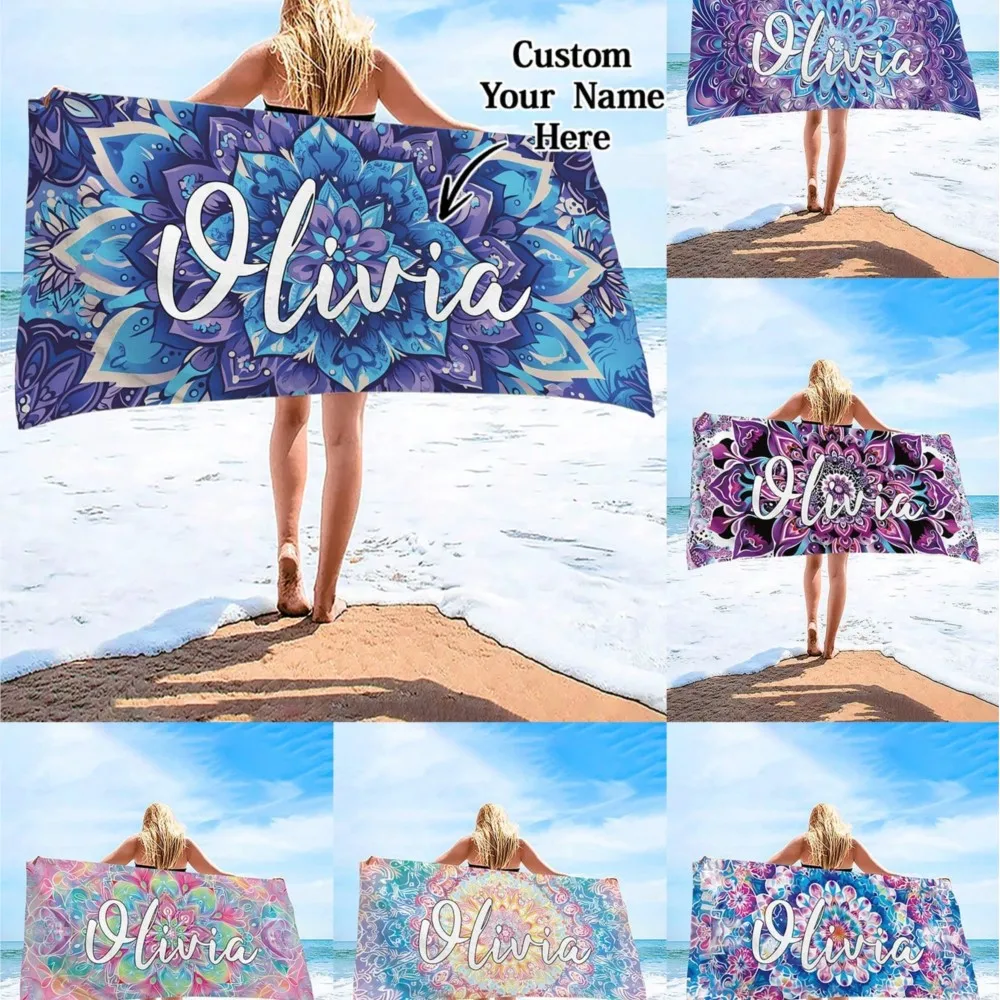 1pc Personalized Text Custom Text Floral Beach Towel, Ultra-Absorbent Swimming Towel, Comfortable Beach Towel, Pool Towel
